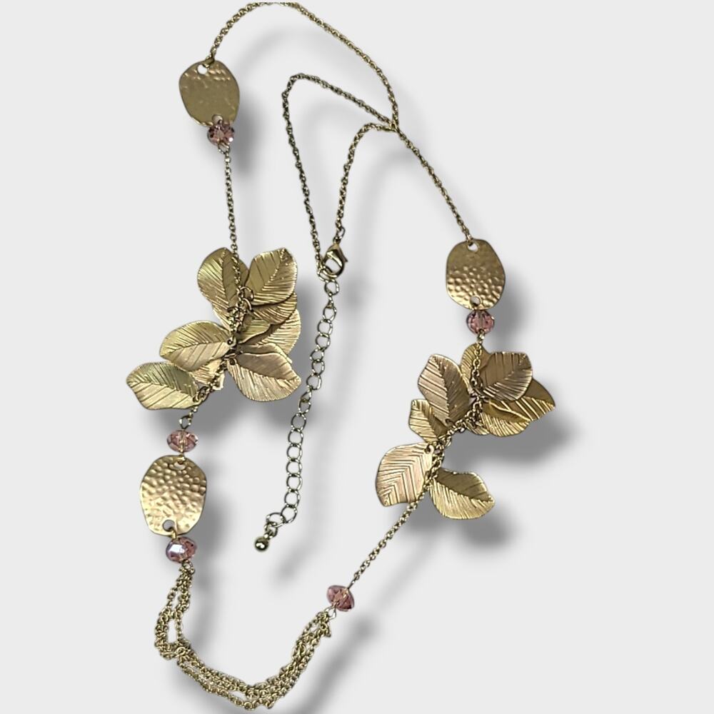 Matte Gold Tone Leaves Purple Crystal Station Necklace 24"-27"